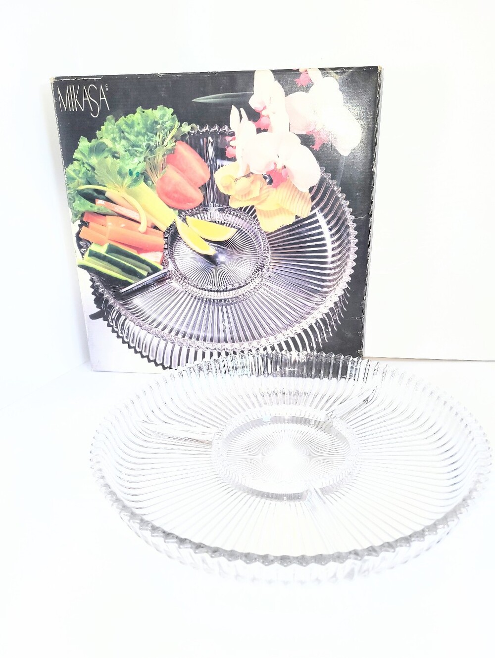 NIB Vintage 1980s Mikasa Crystal Diamond Fire Divided Serving Platter 14 Inch